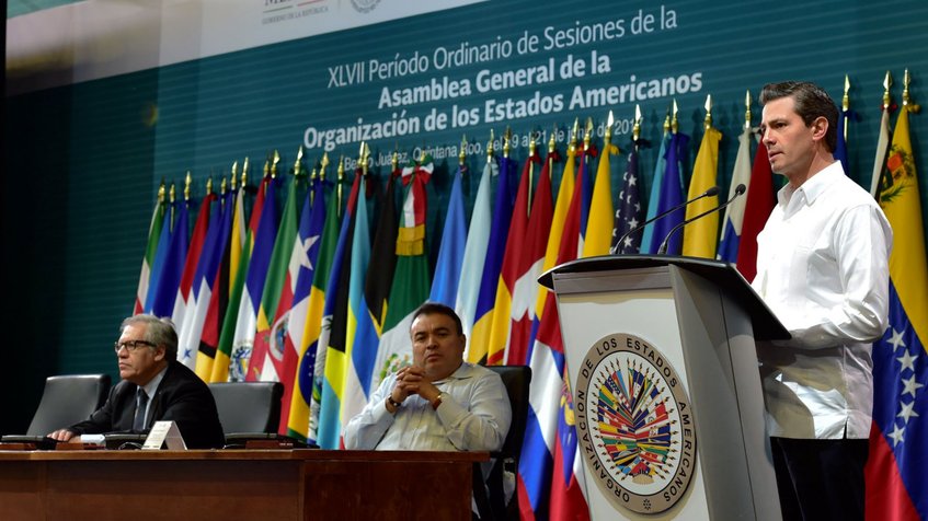 Como primera discusión en la Asamblea Número 47 de la OEA, está la crisis de Venezuela.