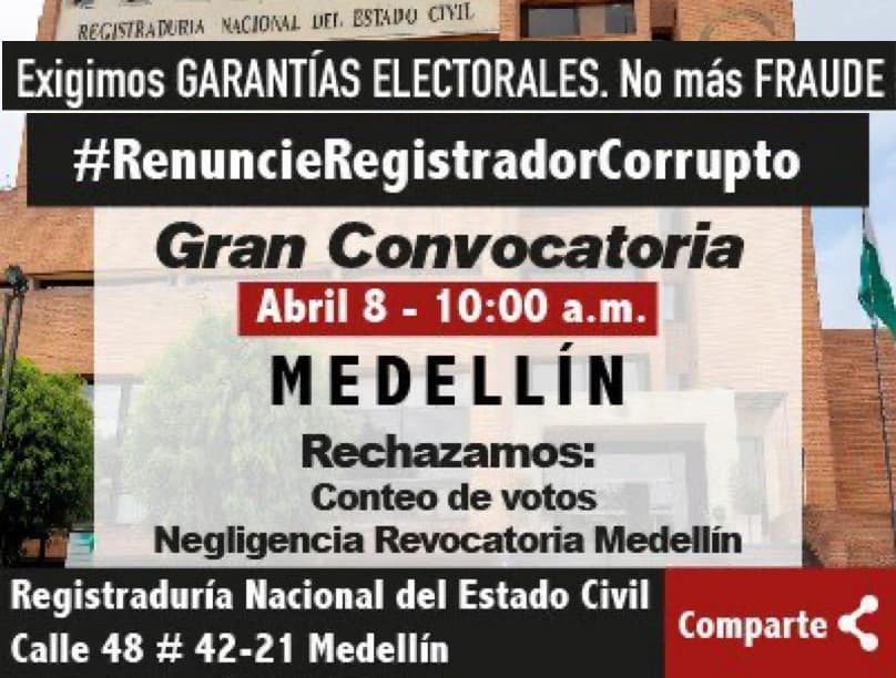 Este viernes a las 10:00 AM ciudadanos se plantan frente a la Registraduria en Medellín contra Alexander Vega, por su actitud sospechosa frente a la revocatoria de Daniel Quintero