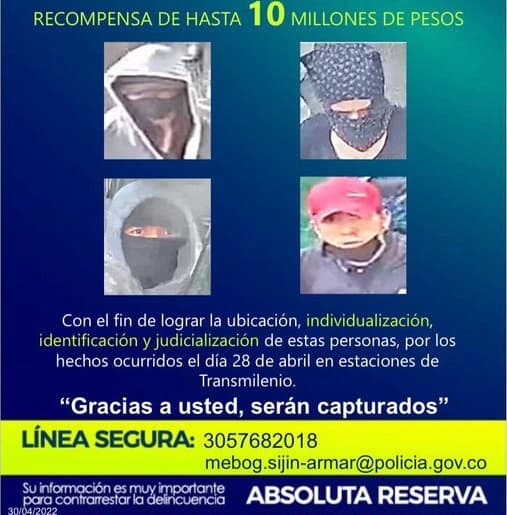 En el cartel de los más buscados, 4 terroristas urbanos por atentados del 28 de abril. Policía de Bogotá da 10 millones a quien informe donde están